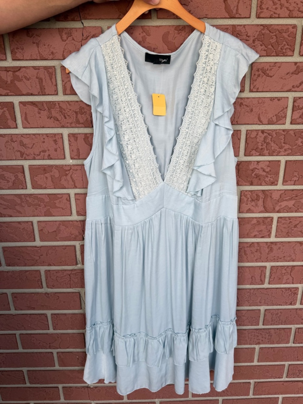 Light Blue Lace-Trim V-Neck Midi Dress